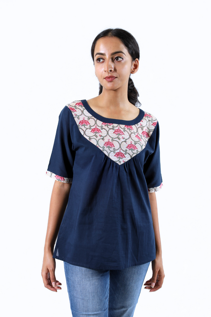 Navy Blue Lotus Block printed Top