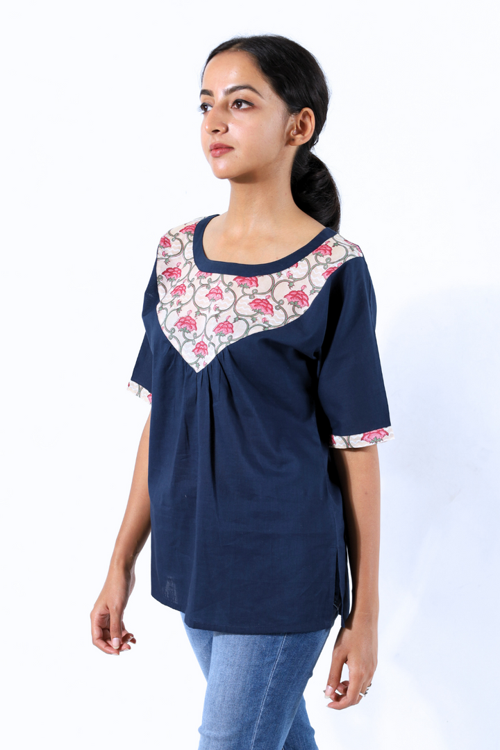 Navy Blue Lotus Block printed Top