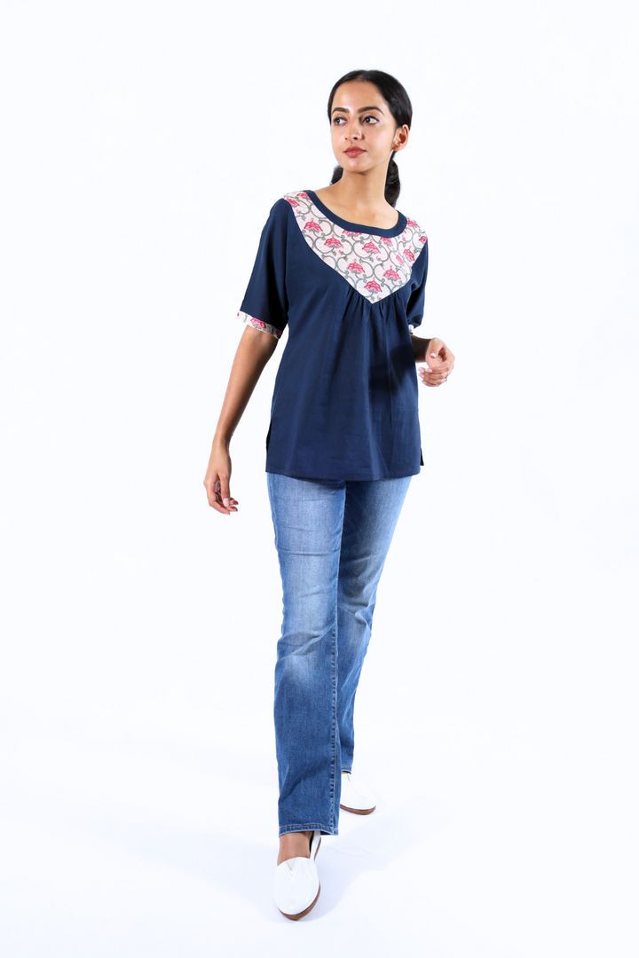 Navy Blue Lotus Block printed Top