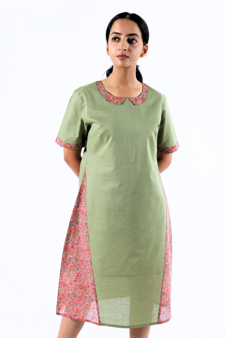 Green Block Printed A-line Dress