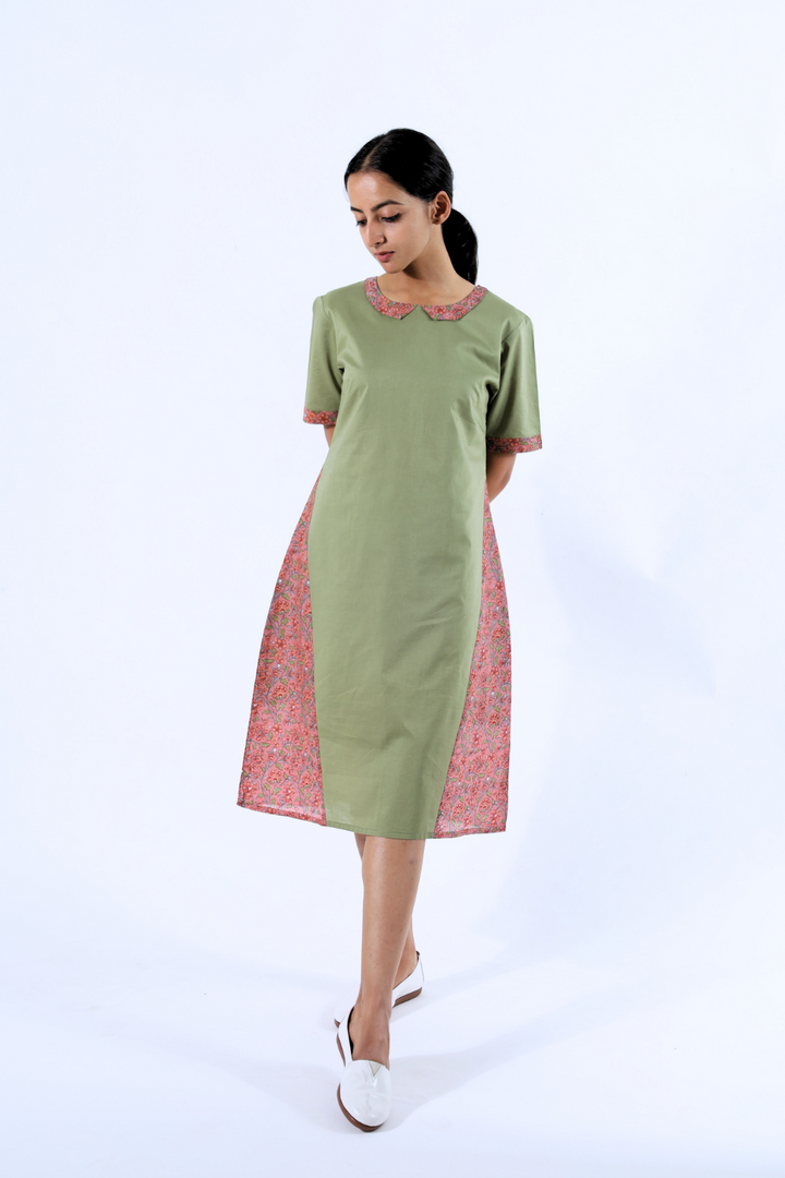 Green Block Printed A-line Dress