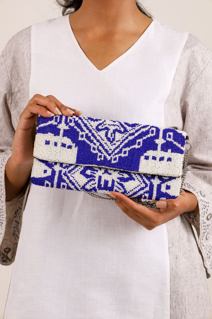 Blue and White Beaded Clutch