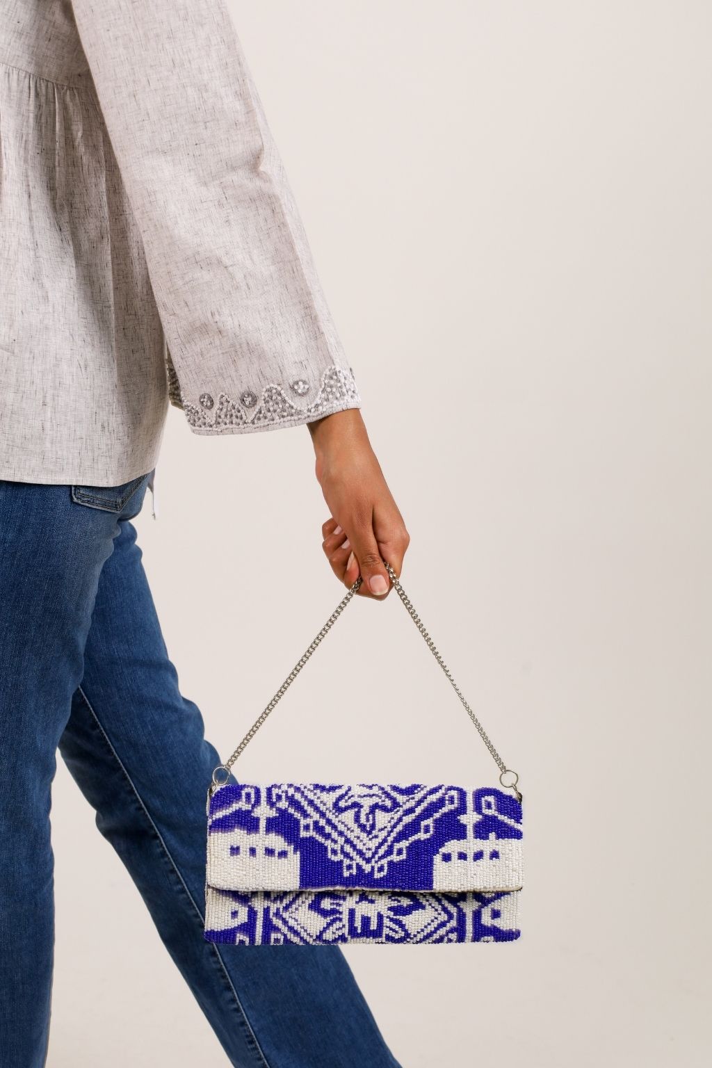 Blue and White Beaded Clutch