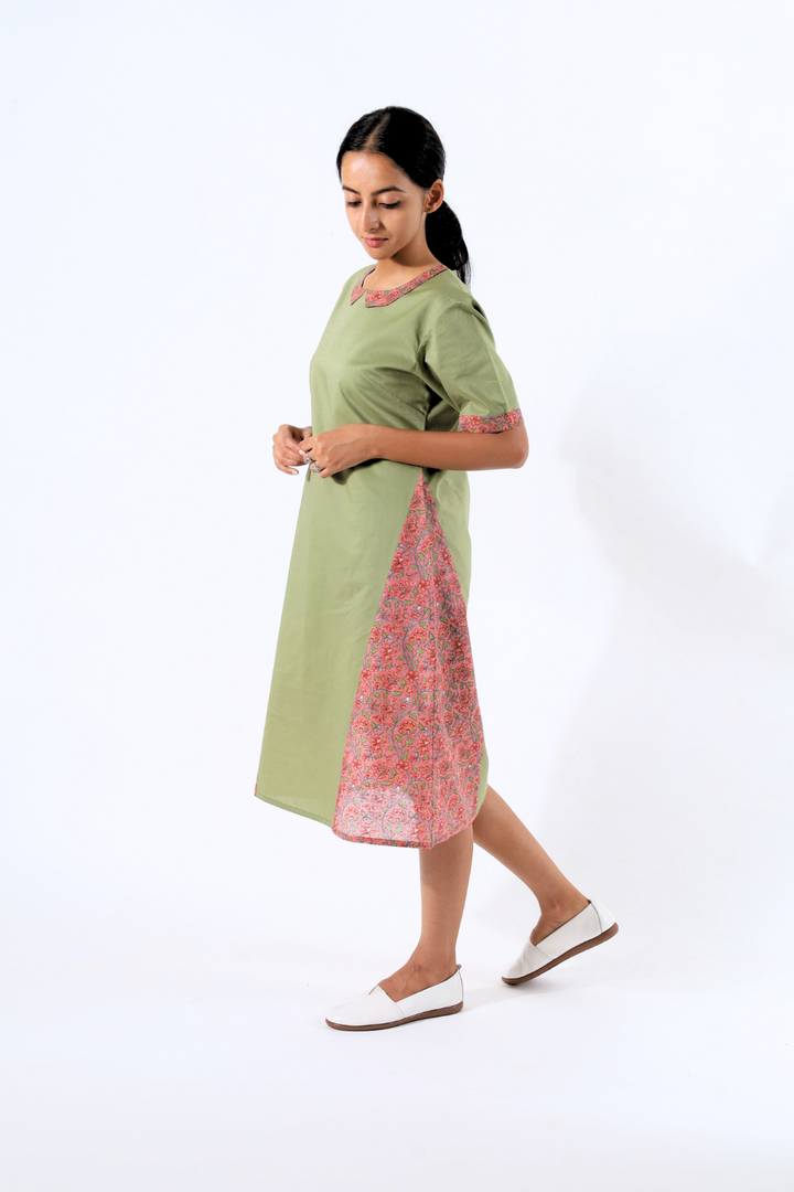 Green Block Printed A-line Dress