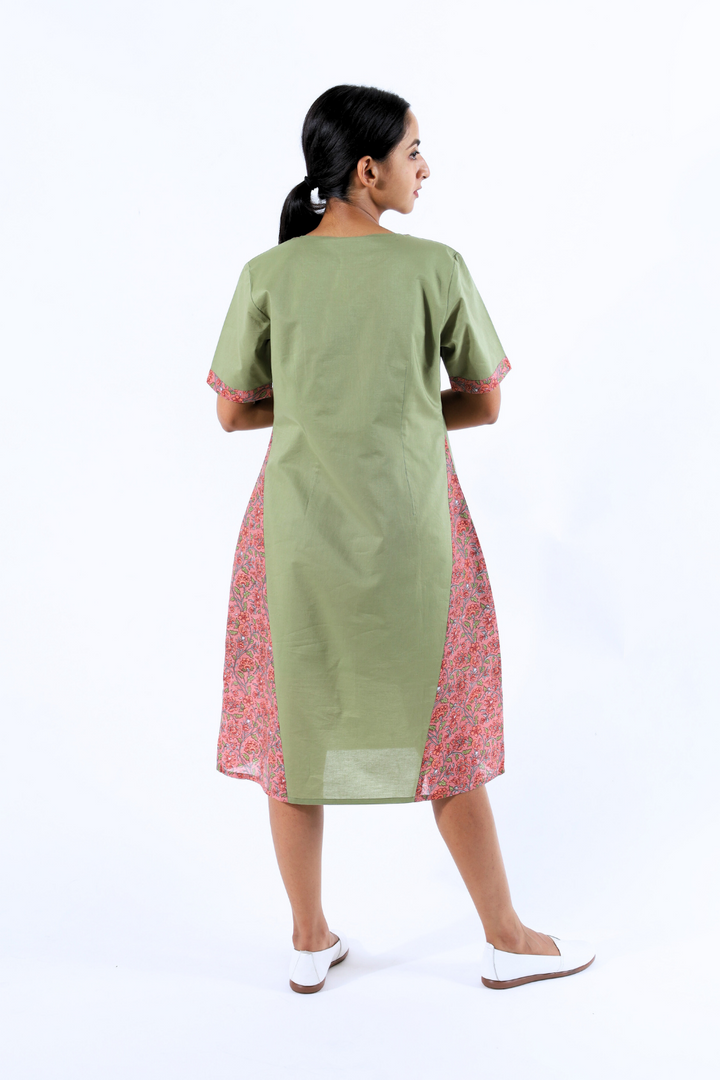 Green Block Printed A-line Dress