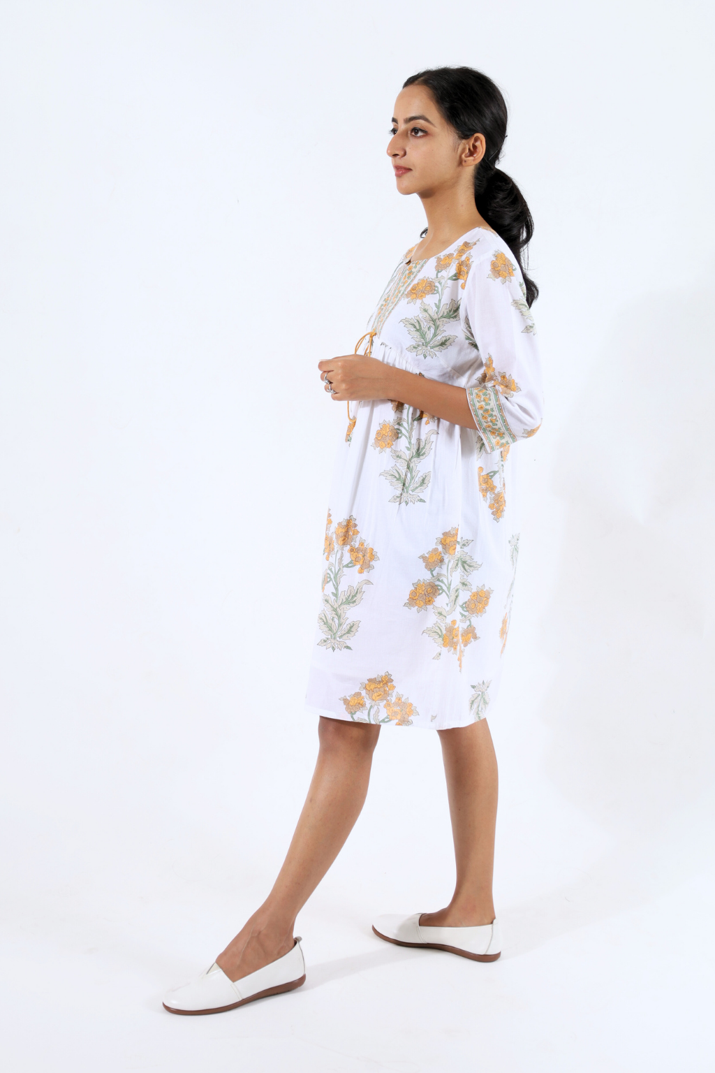 White & Mustard Floral Block Printed Dress