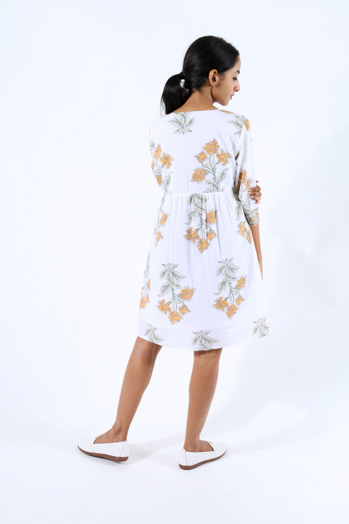 White & Mustard Floral Block Printed Dress