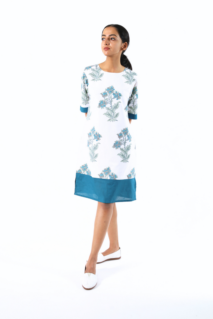 White & Teal Side Slit Block Printed Dress