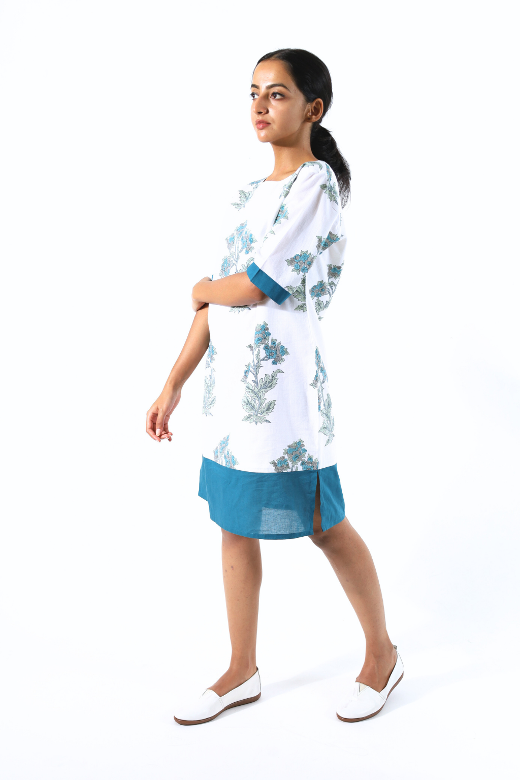 White & Teal Side Slit Block Printed Dress