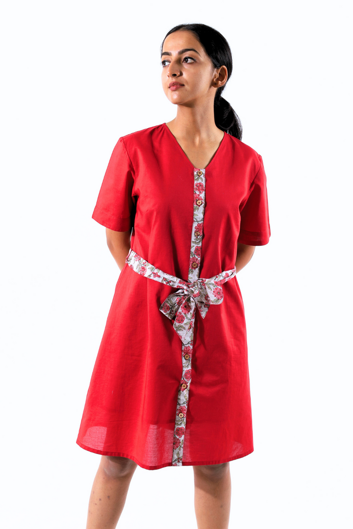 Red Color Front Button Block Printed A-Line Dress