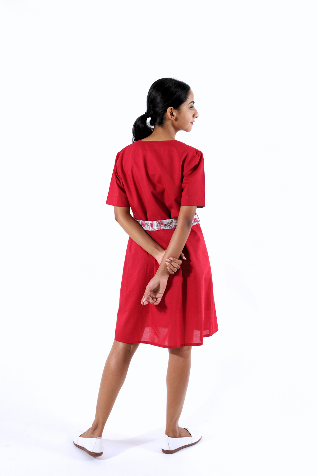 Red Color Front Button Block Printed A-Line Dress