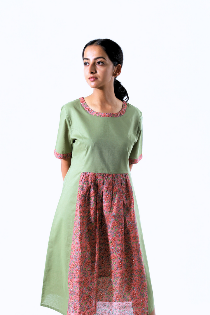 Green and Saffron Front Gathered Block Printed Dress