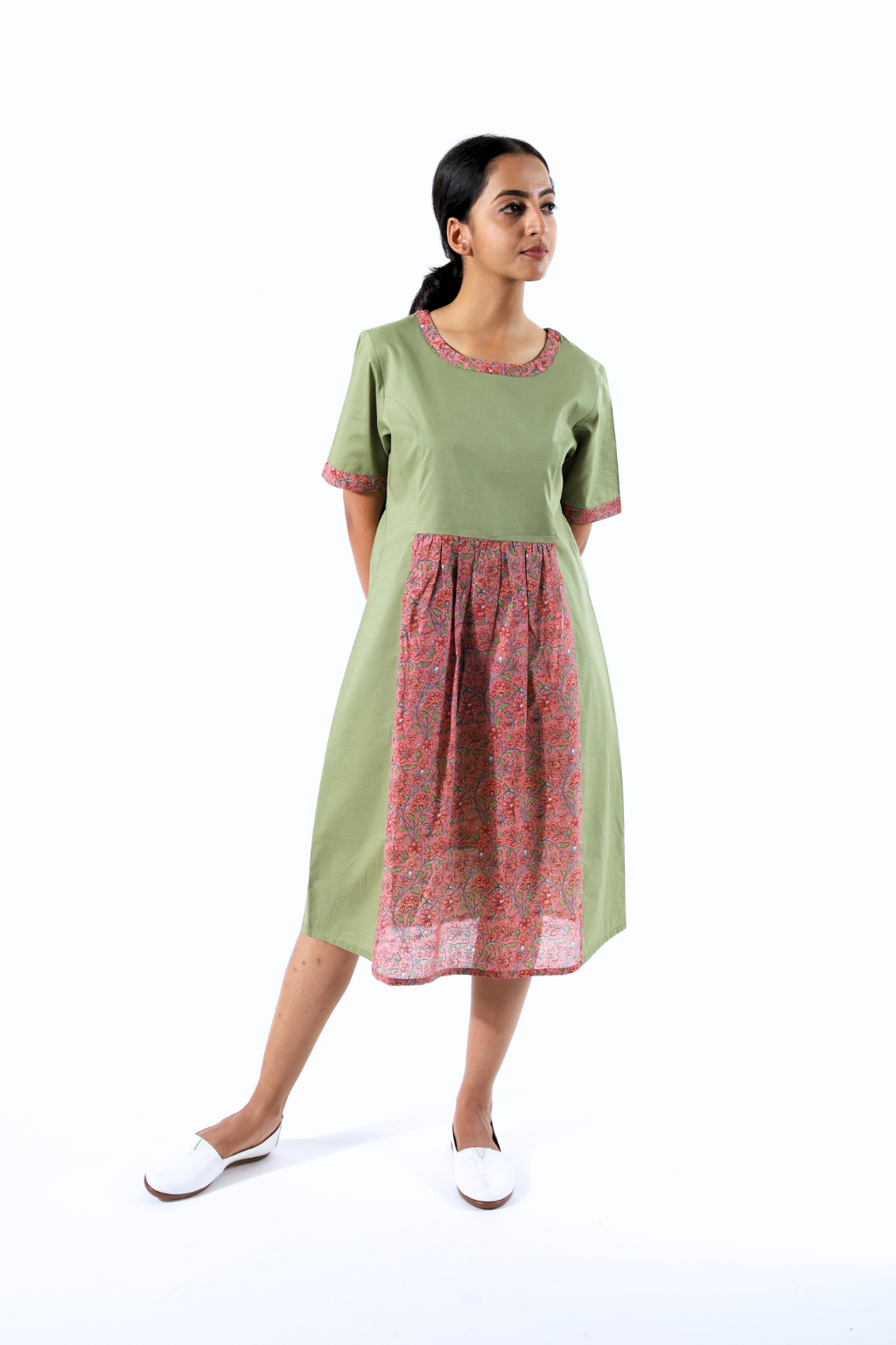 Green and Saffron Front Gathered Block Printed Dress