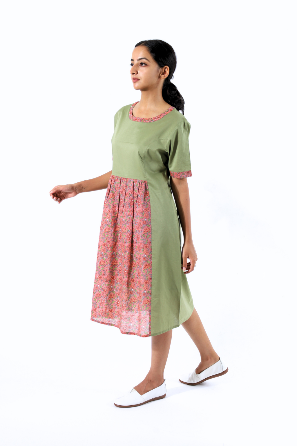 Green and Saffron Front Gathered Block Printed Dress