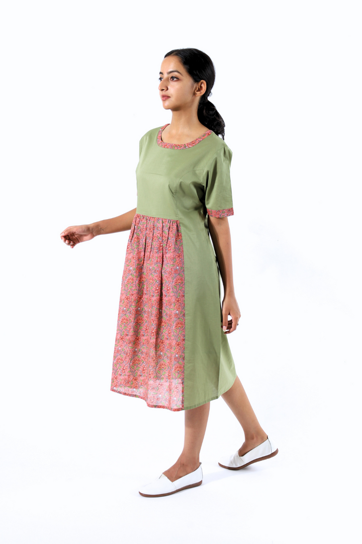 Green and Saffron Front Gathered Block Printed Dress