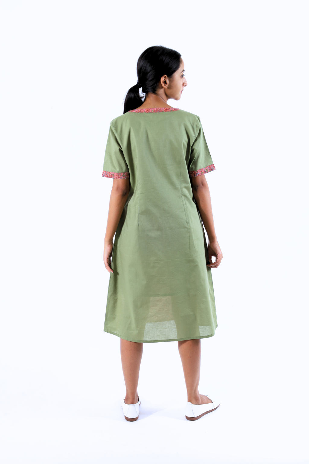 Green and Saffron Front Gathered Block Printed Dress