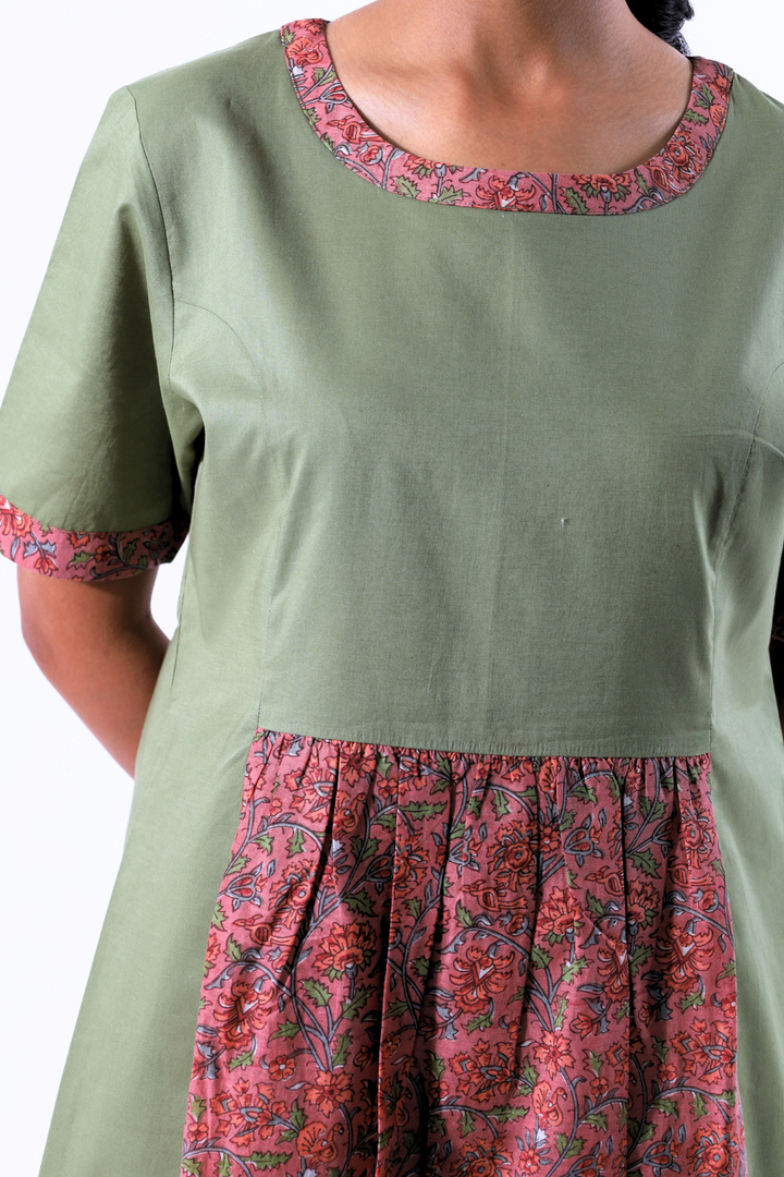 Green and Saffron Front Gathered Block Printed Dress