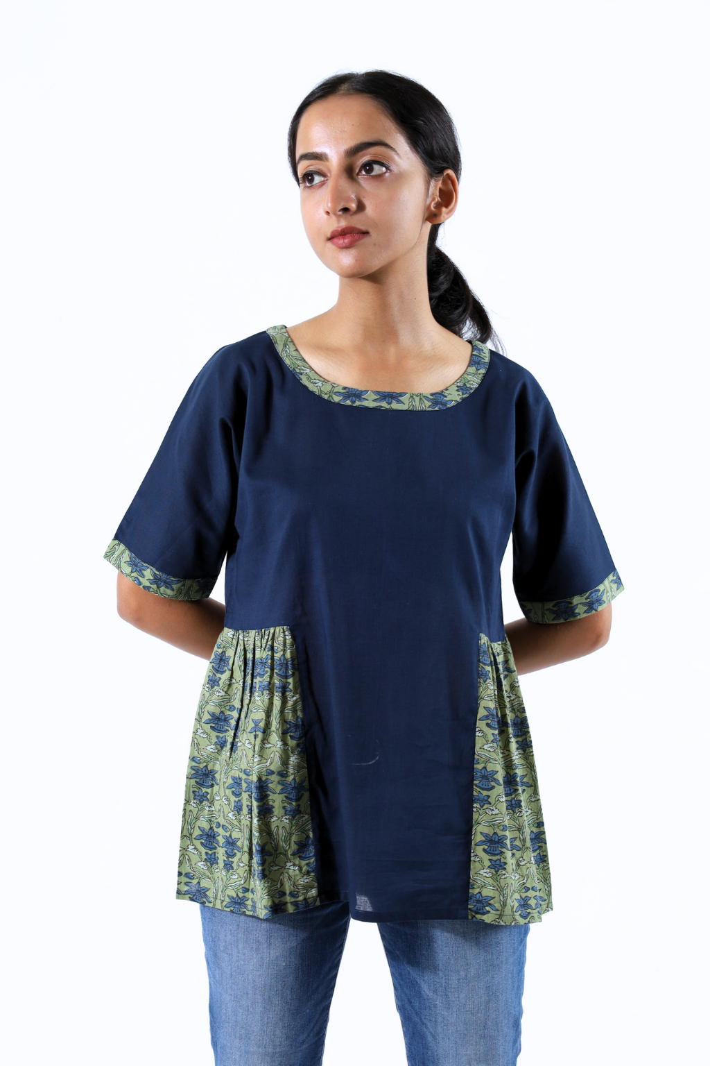 Navy Blue & Green Block Printed Top