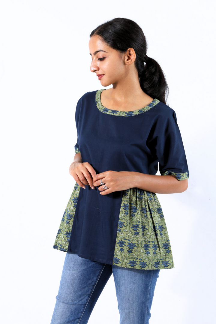 Navy Blue & Green Block Printed Top