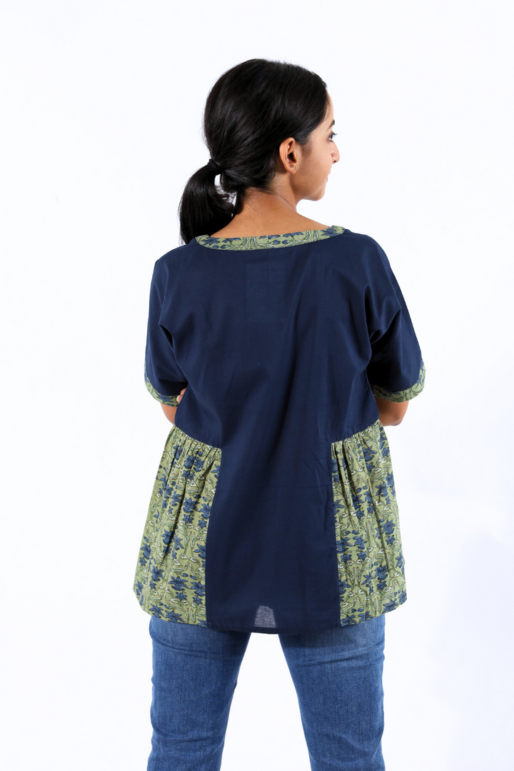 Navy Blue & Green Block Printed Top