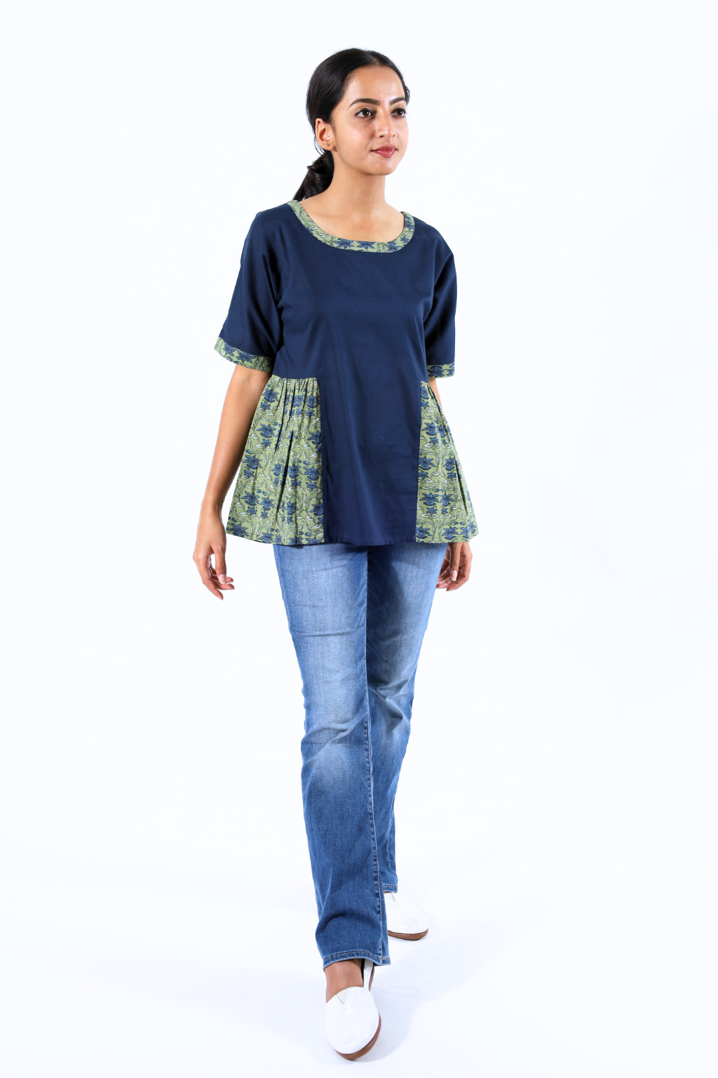 Navy Blue & Green Block Printed Top