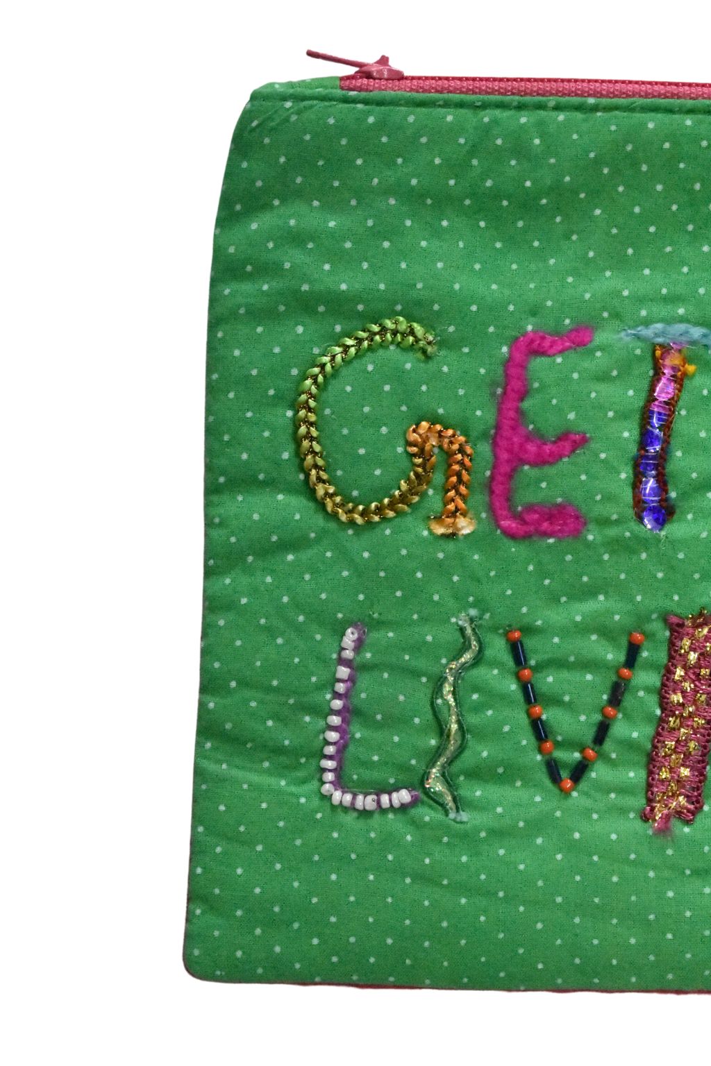 Green Polka Embroidered Pouch