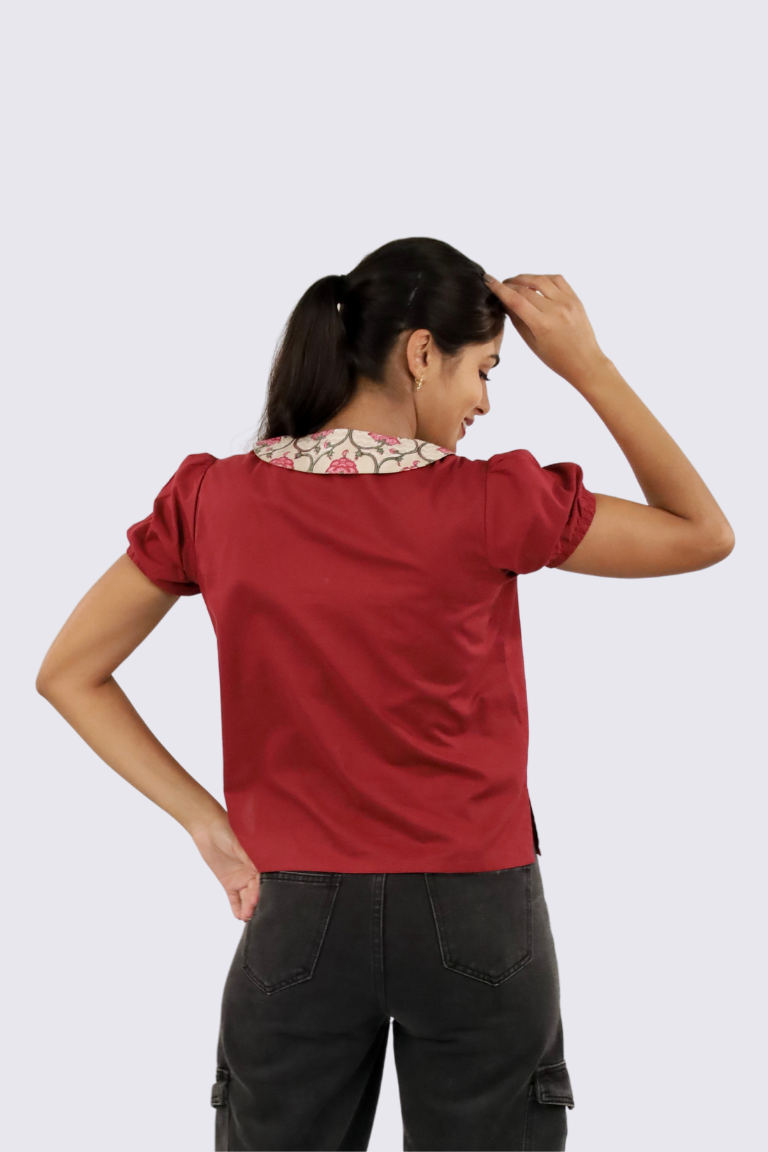 Maroon Puffed Sleeves Block Printed Top