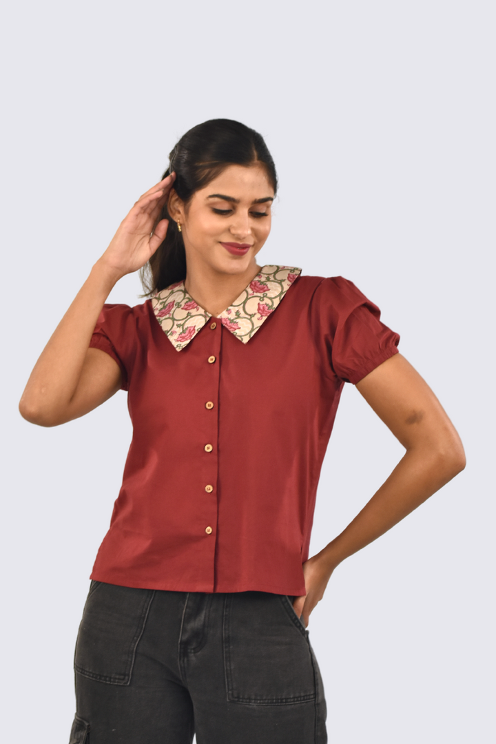 Maroon Puffed Sleeves Block Printed Top