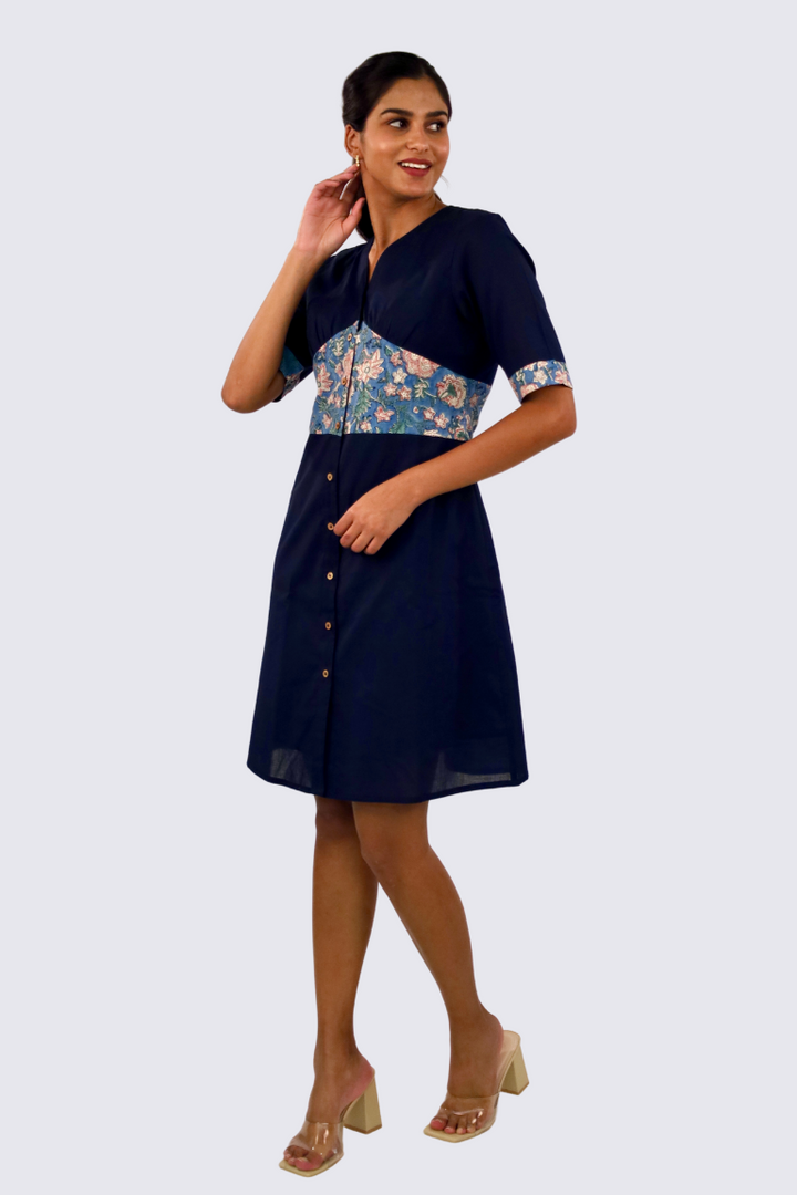Navy Blue A-line Block printed Dress